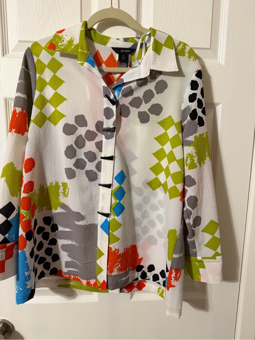 Ali Miles White Multicolor Abstract Print Button-Front Top